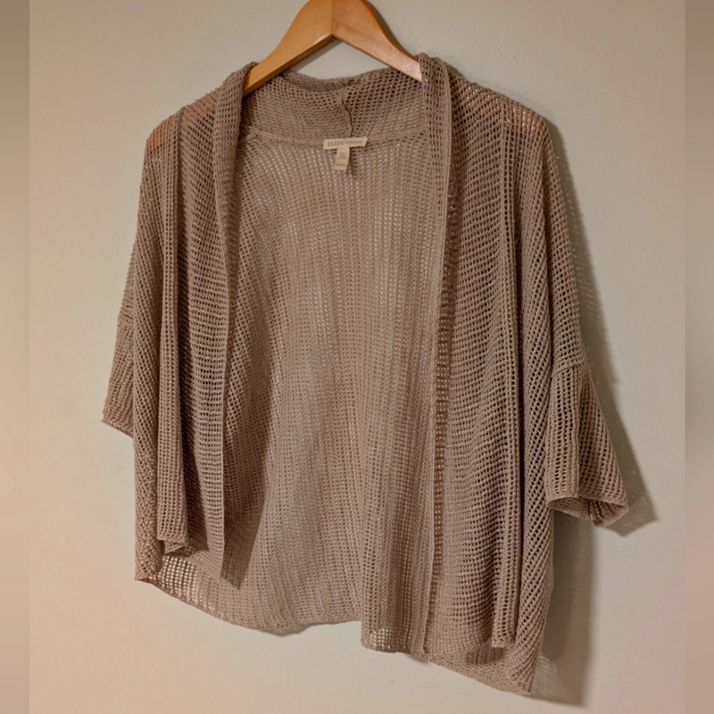 Eileen Fisher Women XS Short Sleeve Cardigan Beige Organic 100%  Linen Knit